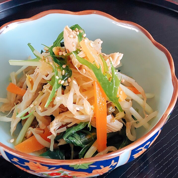 レンジだけで簡単！三色野菜と蒸し鶏のナムル♪